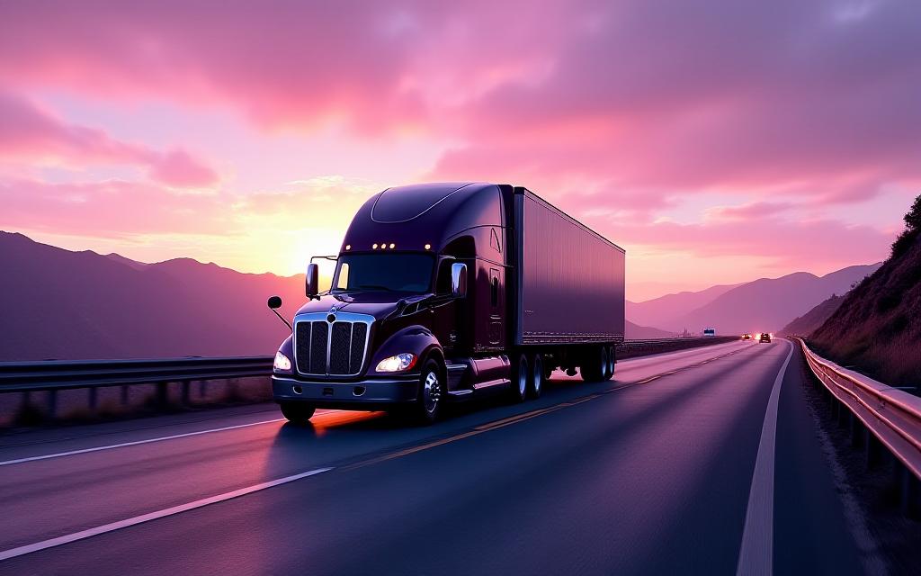 Modern logistics truck on a mountain highway at sunset